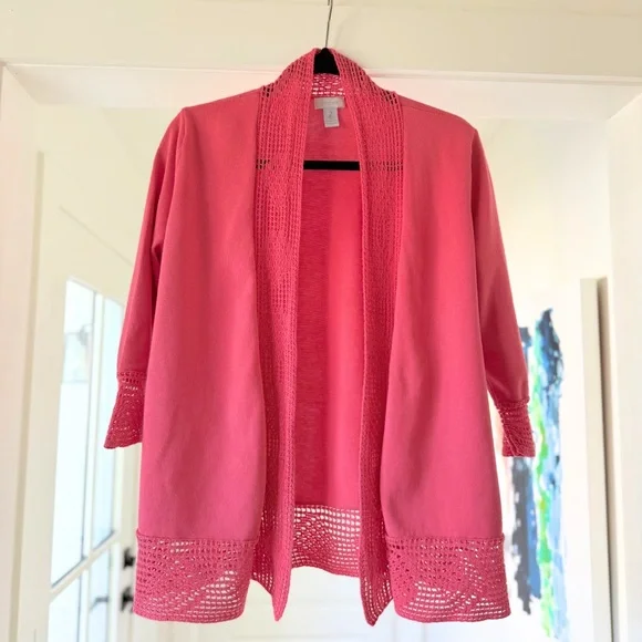 Chico's Pink Crochet Open Front Cardigan - Size 2 - Picture 1 of 10
